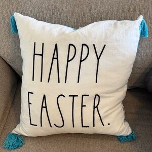 Rae Dunn Cream Pillow with Blue Tassels - Happy Easter